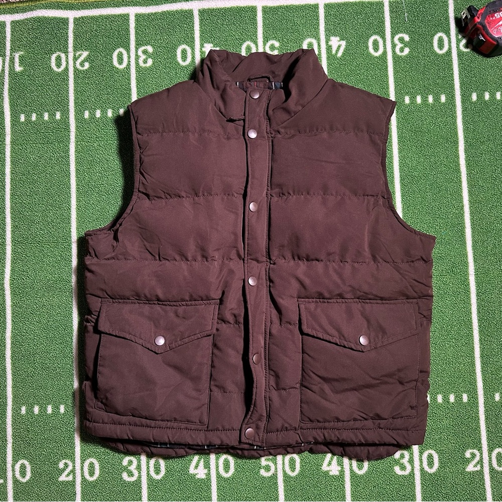 St John’s Bay Brown Puffer Vest Flannel Lined Large Unisex Y2K
